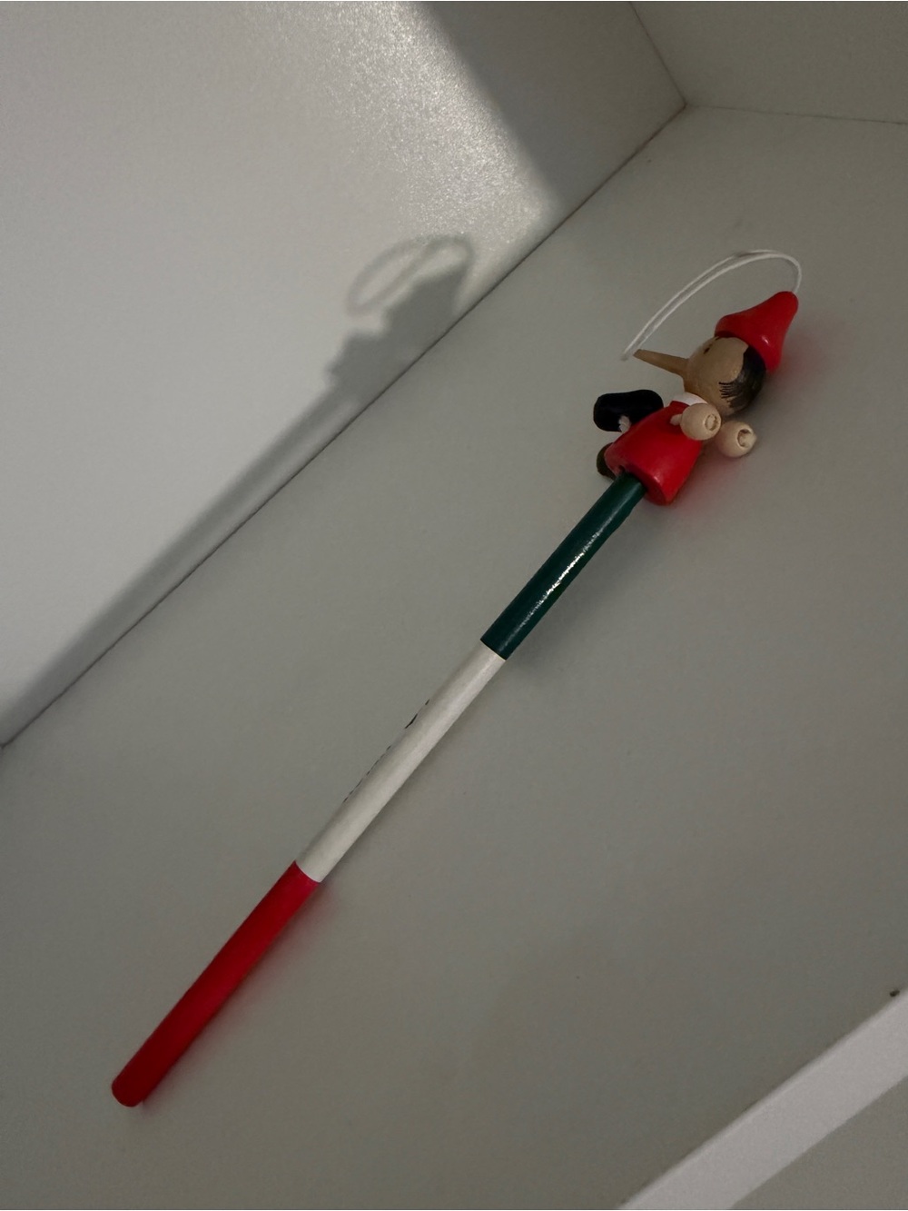 Wooden Pinocchio Pencil Ornament - Red, Green, White